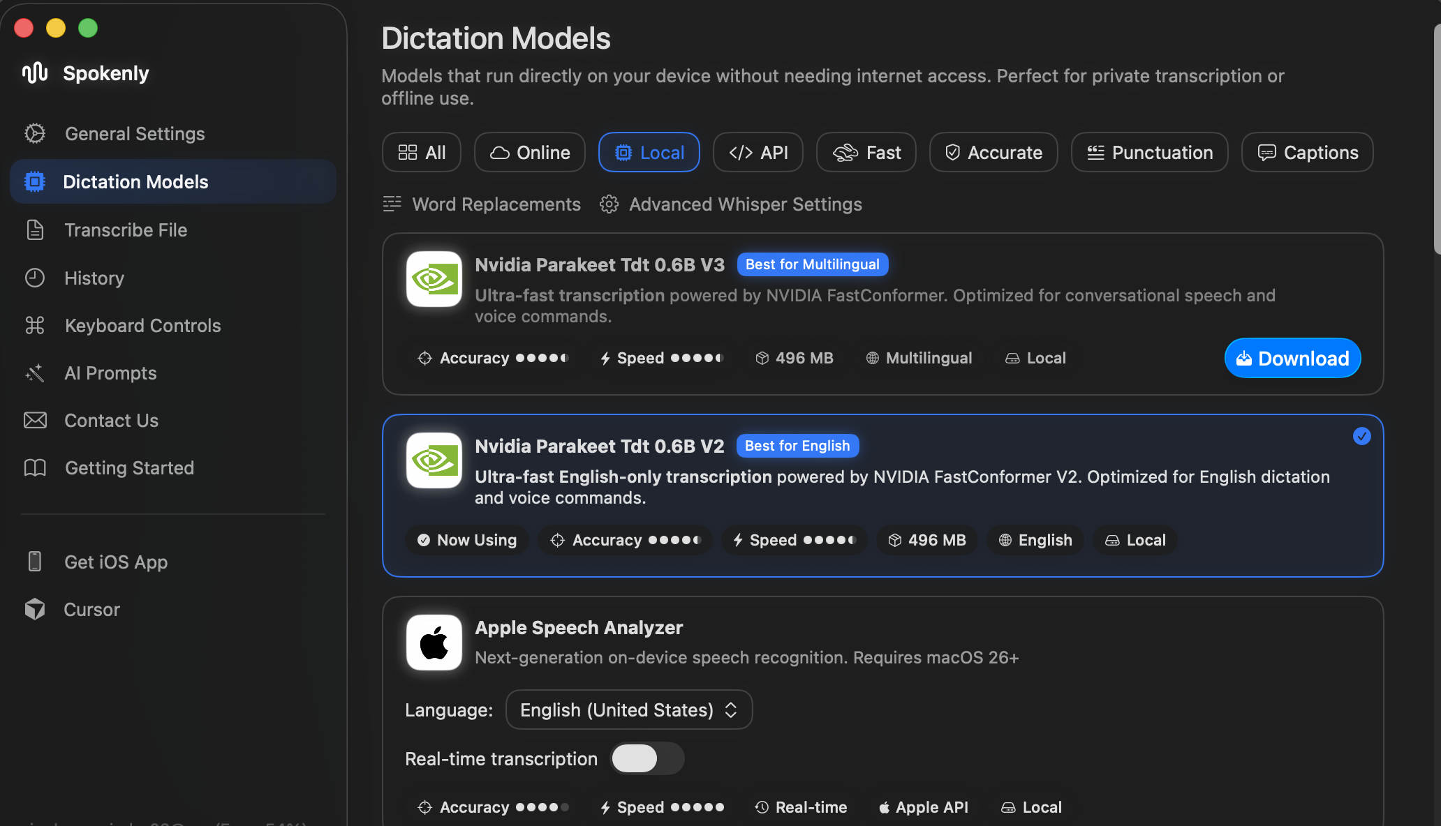 Spokenly Dictation Models screen showing local NVIDIA Parakeet speech-to-text models for private on-device transcription