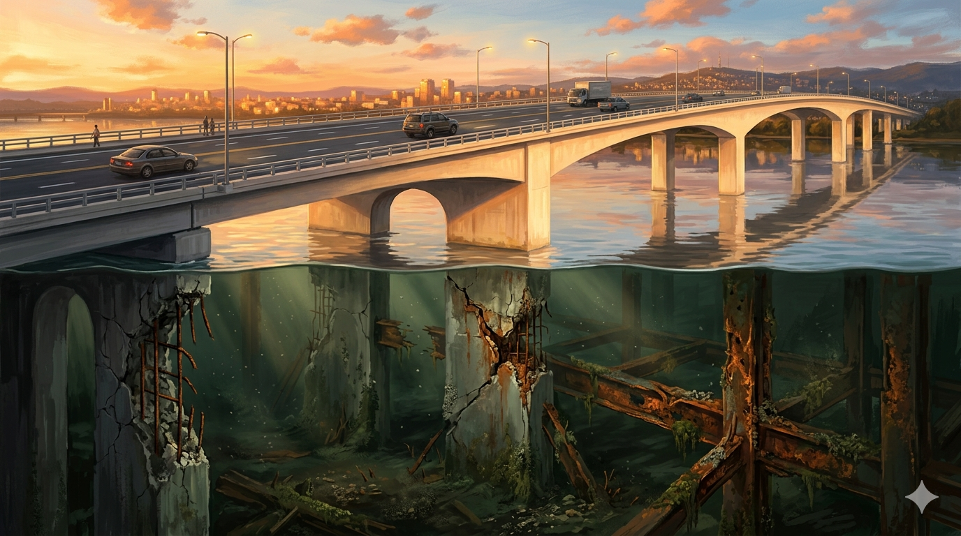 A bridge that looks stable above the water while its hidden foundation is cracked and rusted below the surface