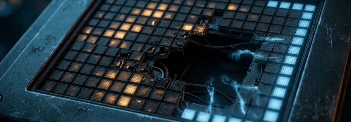 Illustration for durable execution in agentic systems: a weathered control panel with glowing tiles and exposed wiring