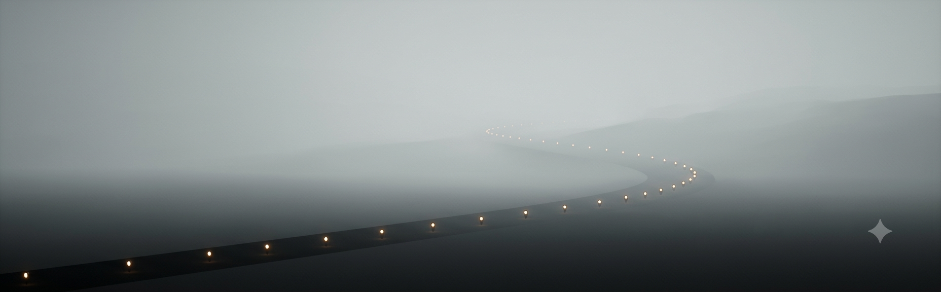 A foggy road with small guide lights fading into the distance, representing durable statefulness for long-running AI agents